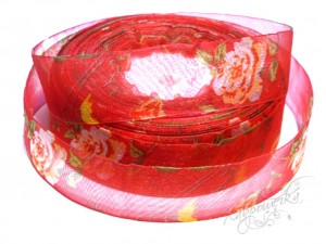Органза з трояндами, 2,5 см, ЧЕРВОНА